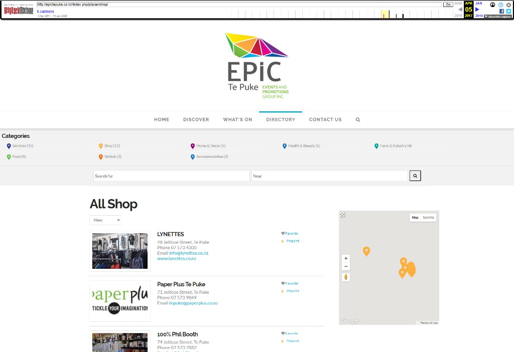 Internet Archive 5 April 2017 EPIC Te Puke shop directory about fifty listings