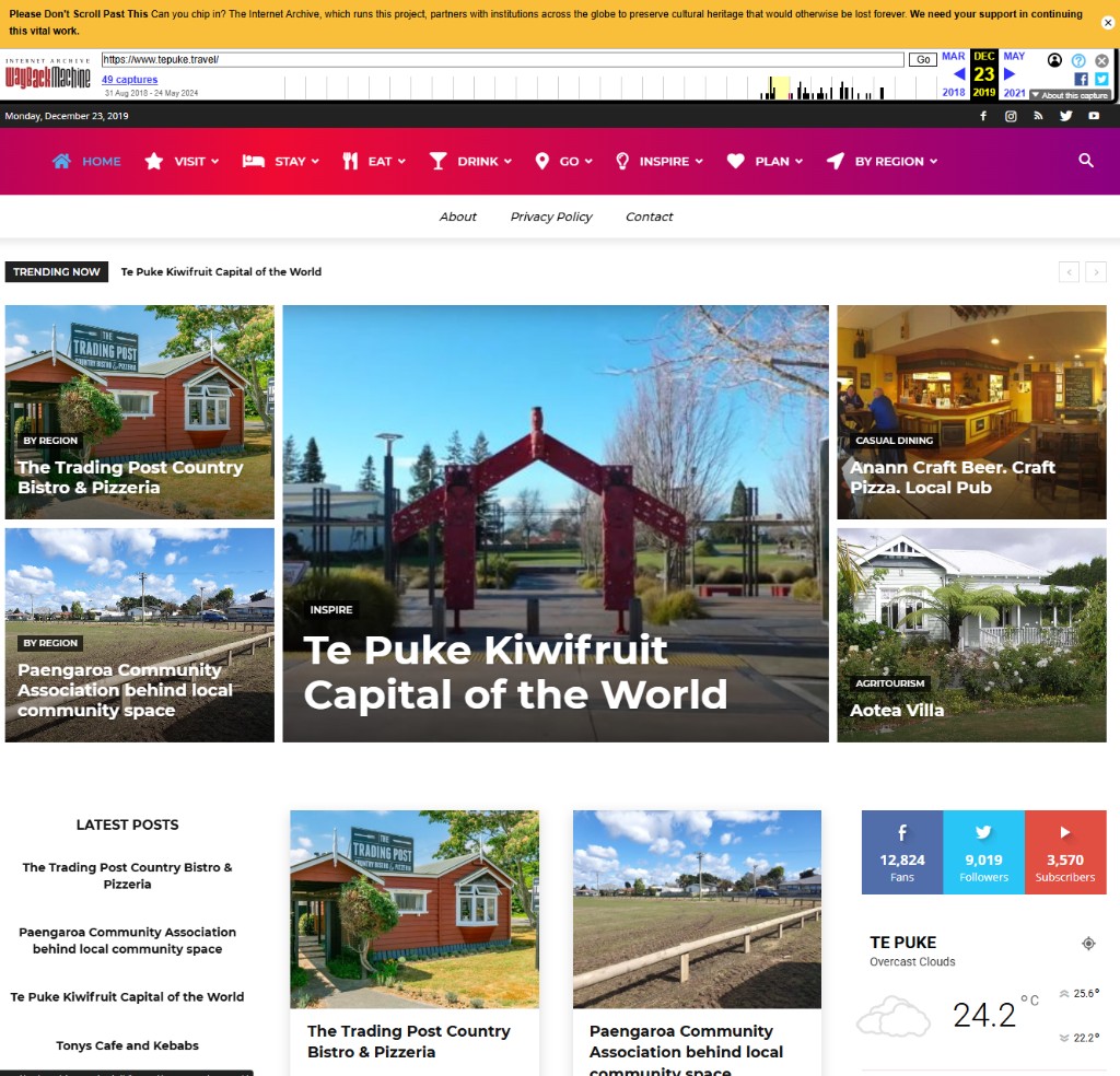 Internet Archive December 2019 tepuke.travel Kiwifruit Capital of the World regional portal