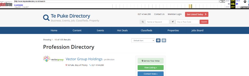 Internet Archive 6 April 2017 showing 135 directory search results on tepukedirectory.co.nz