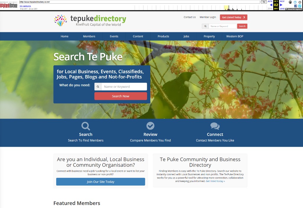 Archived tepukedirectory.co.nz homepage October 2017 with Kiwifruit Capital of the World branding